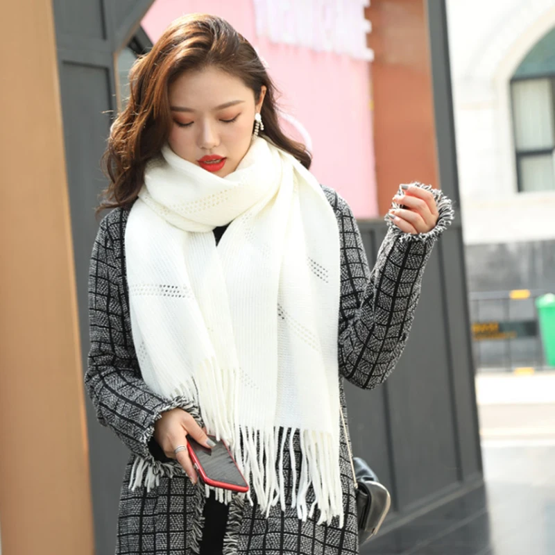 Best Gift Winter Warm Red/Yellow Color Wool Knitting Scarf For Ladies Scarfs Wraps Fashion Pashmina Tassel Female Scarves Wraps