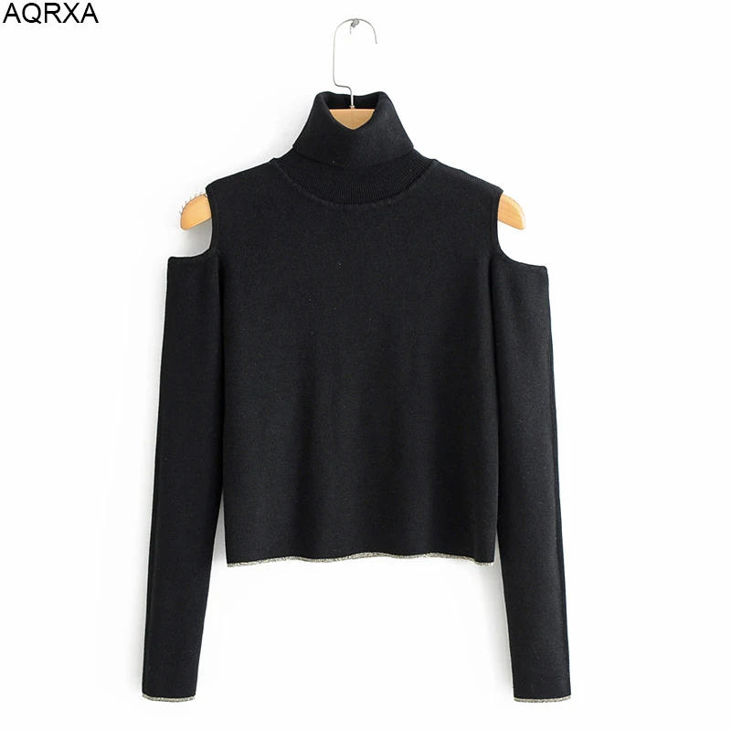 

Women turtleneck black sweater women clothing pullovers off shoulder 3/4 sleeve short style solid knitted drop shipping Free