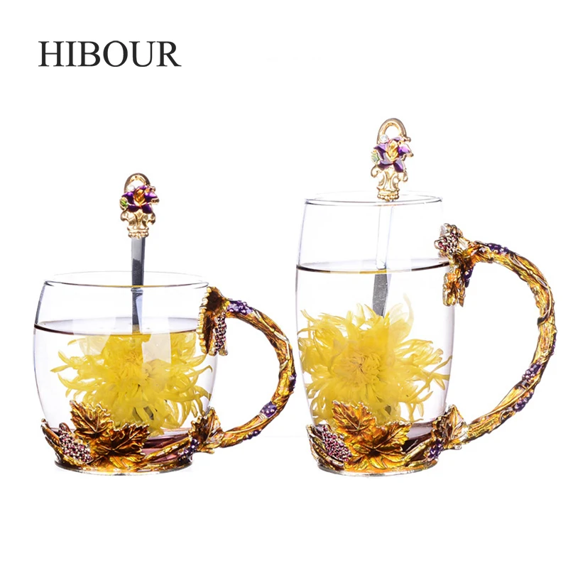 HIBOUR Creative Novelty Enamel Coffee Cup Mug Flower Tea Glass Cups for