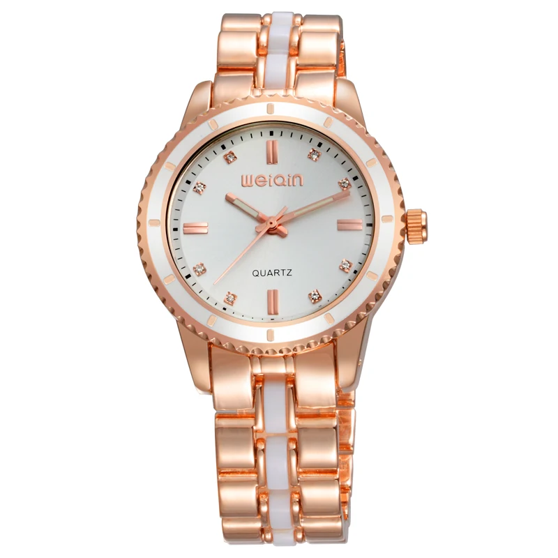 WEIQIN Big Face Womens Watch Rhinestone Crystal White Rose Gold Woman