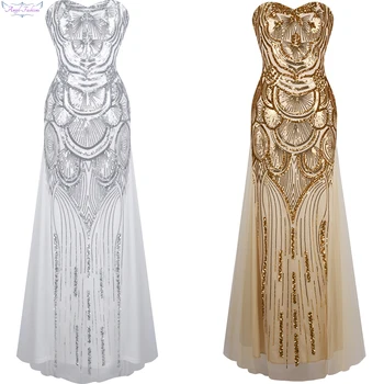 Angel-fashions Strapless Sequined A-line Tulle Lace up Long Evening Dresses vestidos de noche Golden & Silver