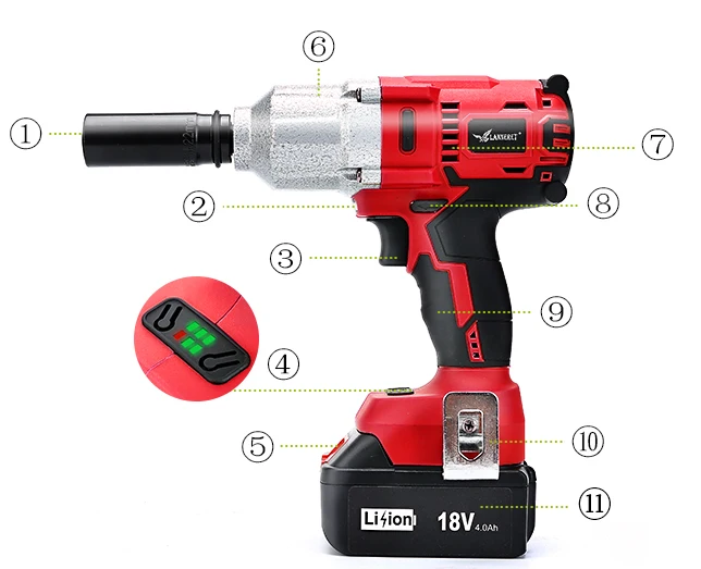 LANNERET 18V Brushless Cordless Impact Electric Wrench  300-600N.m Torque Household CarSUV Wheel 12 Socket Wrench Power Tool (14)