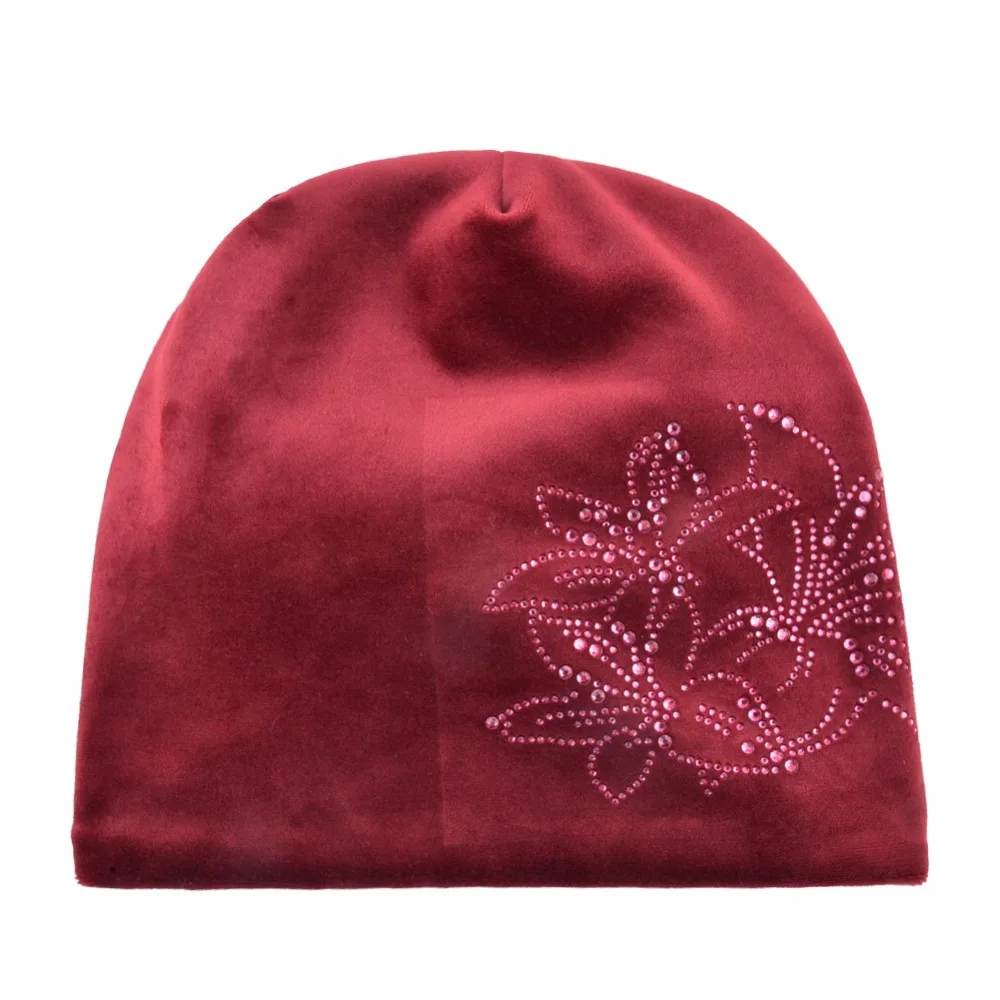 TQMSMY Brand Women's Beanie Lily Flower Rhinestones Hat Women Shine Velvet Kintted Skullies Cap Female Beanie Beanies Cap TMDH59