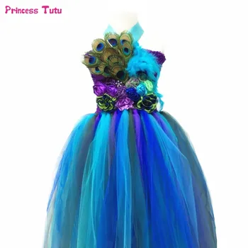 

Peacock Princess Girls Tutu Dress Flower Feathers Pageant Tutu Dresses For Girls Kids Clothes Children Girl Wedding Party Dress
