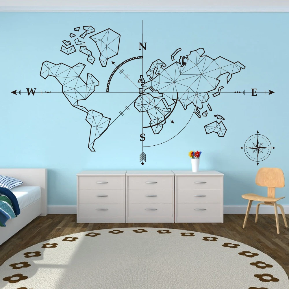 Large World Map Compass Earth Wall Sticker Office Classroom World Map Travel Global Exploration Adventure Wall Decal Vinyl Decor (3)