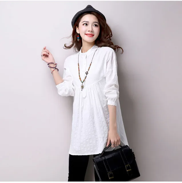 Blusa informal de lino y algodon para mujer camisa de manga larga color blanco talla grande 2XL AB1357 primavera y otono 2019 AliExpress