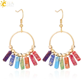 

CSJA New Rectangle Circle Dangle Earrings Gold Color 7 Colors Stone Statement Drop Earring for Women Fashion Charms Jewelry F922
