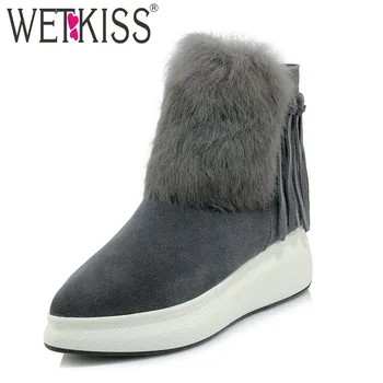 

WETKISS Winter Women Ankle Boots Pointed Toe Footwear Fur Warm Tassel Female Boot Cow Suede Girl Platform Shoes Woman 2018 New