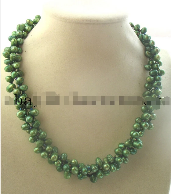 

3rows freshwater pearl green rice necklace 19