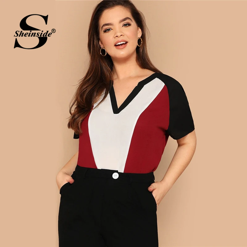 

Sheinside Plus Size Casual Raglan Sleeve Colorblock Top Women 2019 Summer Short Sleeve Blouse Ladies V Neck Basic Blouses
