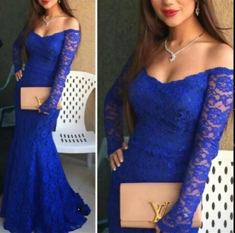 Элегантный Королевский синий кружево Русалка Вечерние платья пикантные с открытыми плечами длинным рукавом для выпускного веч