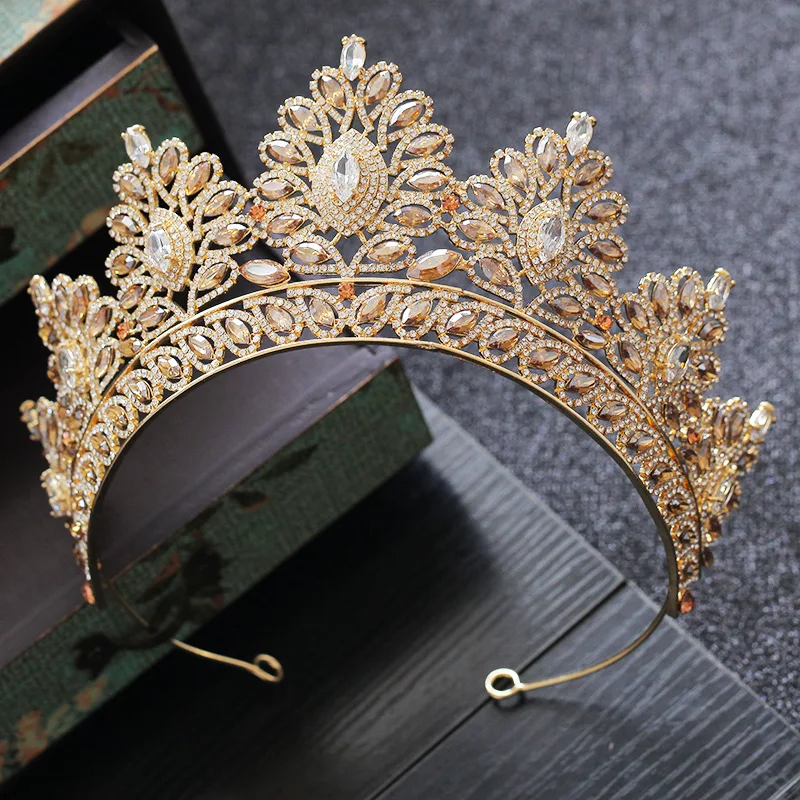 HIMSTORY, большая винтажная диадема цвета шампанского и золота, корона в стиле барокко, королева невесты, свадебная повязка на голову, индийский стиль, ювелирные изделия для волос, аксессуары