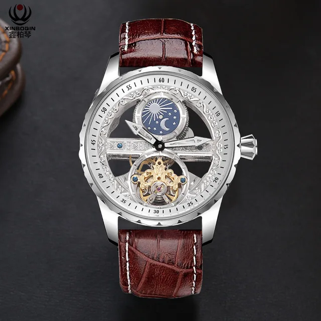 Крутые прозрачные турбийон часы Мужские механические часы с автоматическим заводом стальные миланские наручные часы водонепроницаемые Montre Moon Phase - Цвет: Brown Silver