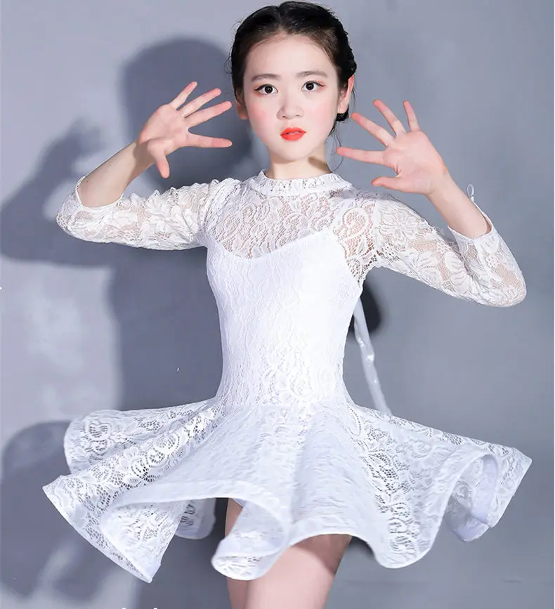 

Kid Girls Latin Dance Dress Costumes Child Long Sleeve Ballroom Dance Costume Lace Latin Dance Dress For Girls