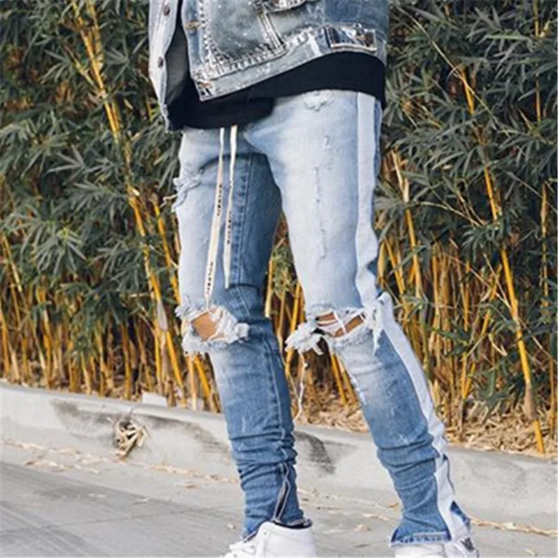 REPPUNK новые модные хип-хоп качественные удобные мужские джинсы из хлопка Эластичные Обтягивающие рваные Мужские штаны с боковой молнией