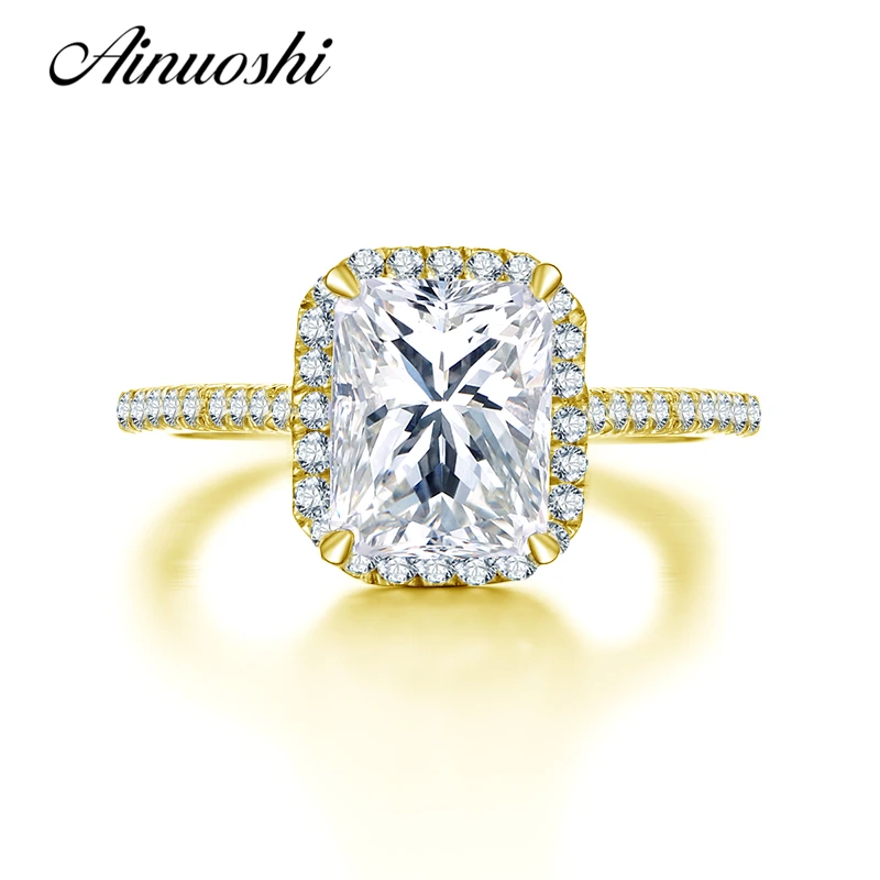 

AINUOSHI 10K Yellow Solid Gold Women Wedding Ring 2.5 ct Rectangle Square SONA Simulated Diamond Engagement Bagues Female Rings
