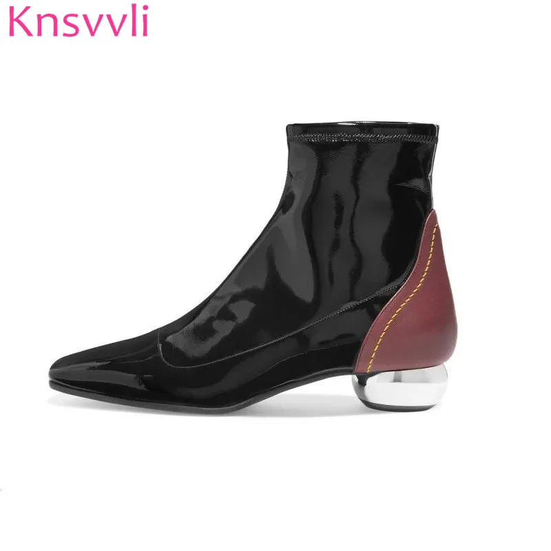 

Knsvvli new patchwork patent leather stretch boots woman squaer toe low heel martin boots strange style heel ankle boots women