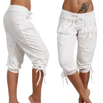 

Plus Size sports Wear For Women Gym Casual Women's Solid Color Sequined Pleated Drawstring Capri Pants