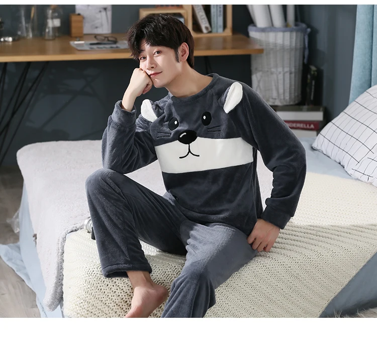 3XL 4XL 5XL 95kg Nightwear Long Sleeve Winter Warm Flannel Pajamas Sets Print Sleepwear Long Pant Male Men Pajama Set men's loungewear sets