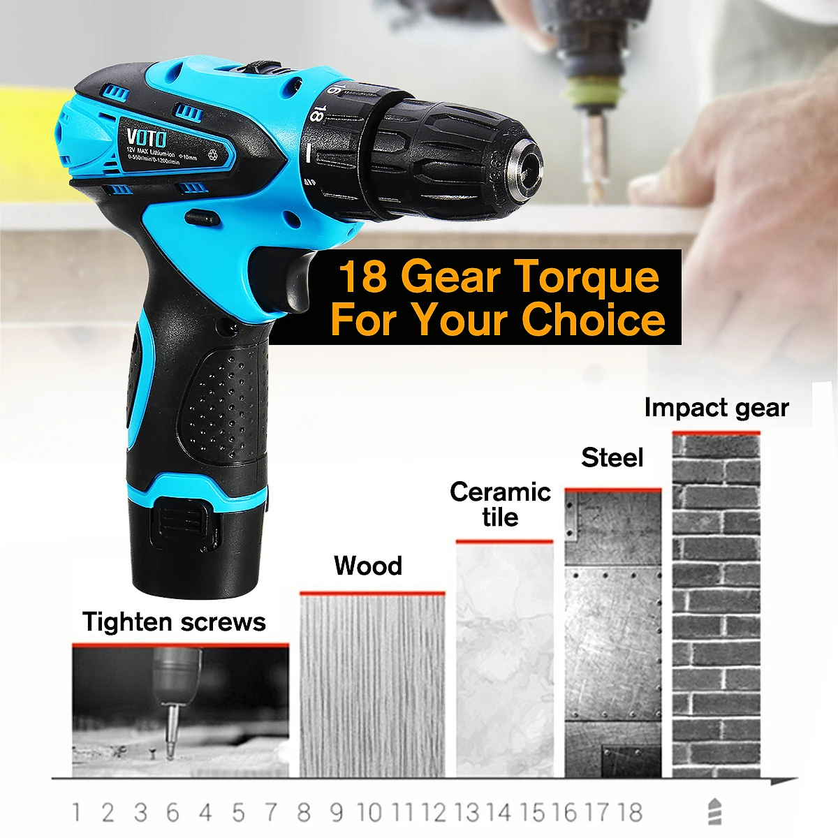

Doersupp Two-speed Adjustment EU Plug Electric Drill Cordless Screwdriver Full Copper Movement Button 18 Gear Torque 12V