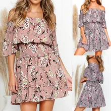 2019 Women Short Sleeve Dress Fashion Off Shoulder Ruffles Dress Floral Print Ruched Mini Dress off shoulder random floral print dress in pink