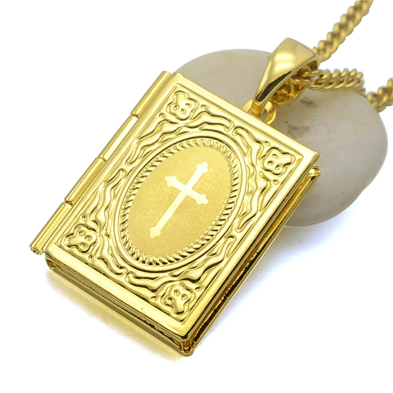 24KGP Gold Tone Catholic Bible Scripture Book Locket Charm Pendant
