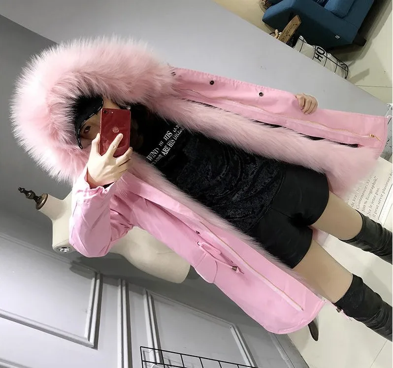 Pink Модное зимнее платье женское пальто из искусственного меха Parker, розовая куртка из искусственного меха, удобная теплая верхняя и внутренняя крышка из лисьего меха - Цвет: Pink