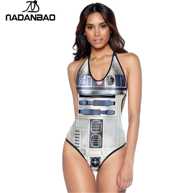 

2017 New Design Star War R2-D2 One Piece Swimsuit Women Monokini Halter Backless Swimwear Y01035