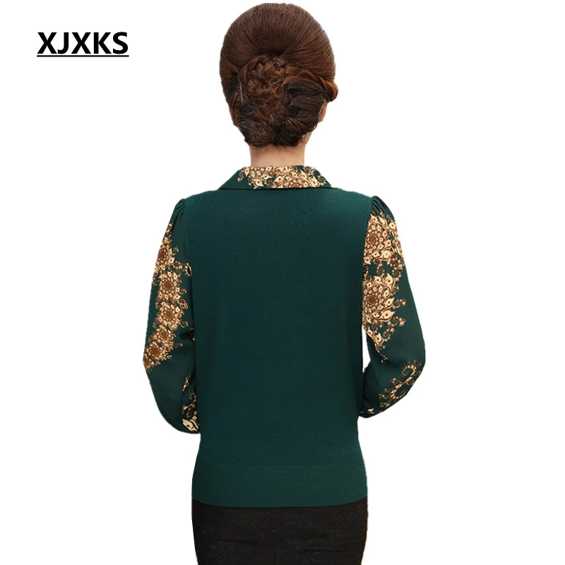 XJXKS Для женщин кашемировые свитера и пуловеры осень удобная печать отложной воротник Топы негабаритных вязаный свитер 115
