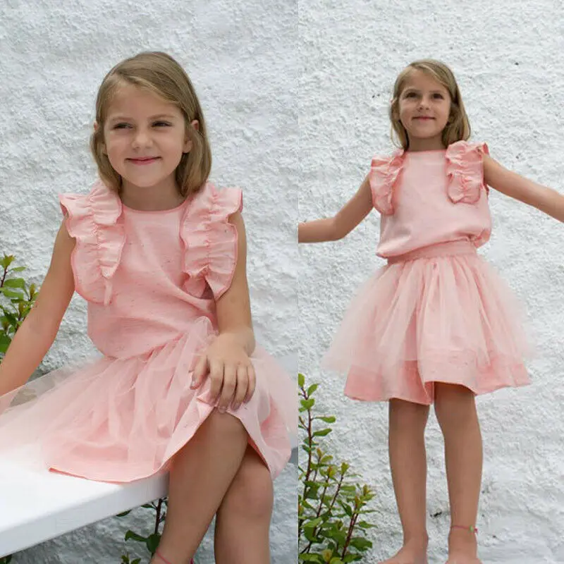 

Fashion 2Pcs Newborn Sweet Kid Baby Girls Pink Sleeveless Flower Tops T-shirt Tulle Mesh Tutu Skirt Holiday Outfit Clothes