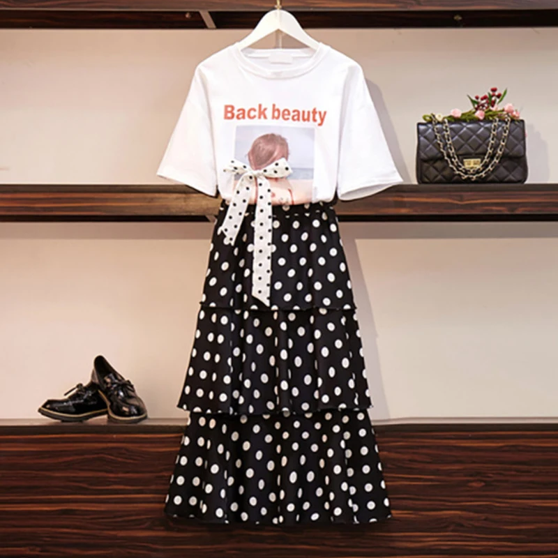 Women High Waist Skirt + Top Sets Summer 2019 Women's Sweet Polka Dot Print Tired Cake Skirts Black White Khaki Midi Set | Женская