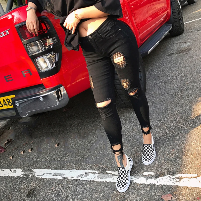 

Distressed Jeans Women Pencil Pants Trousers Ladies Stretchy Skinny Jeans Female Mid Waist Pants with Holes
