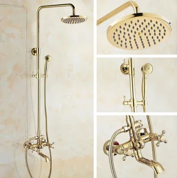 

Luxury Polished Gold Color Brass Dual Cross Handles Levers Bathroom Round Rainfall Shower Faucet Set Bath Tub Mixer Tap mgf384