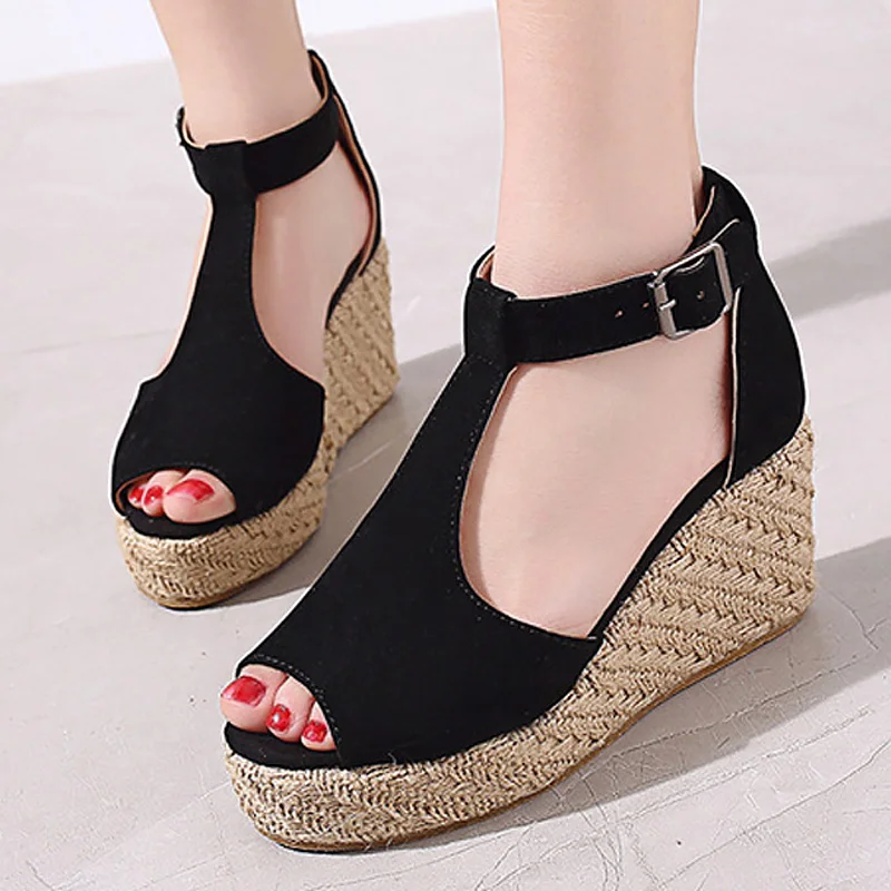 

Wedge Sandals Women Summer Large Size 42-43 Fashionable Hemp Rope Buckle Suede Black Shoes For Women Platfrom Sandals Female