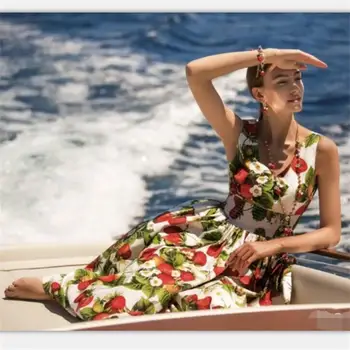 

Women Dress 2020 High Quality Designer Runway V-Neck Sleeveless Backless Printed Casual Dresses NP0010N