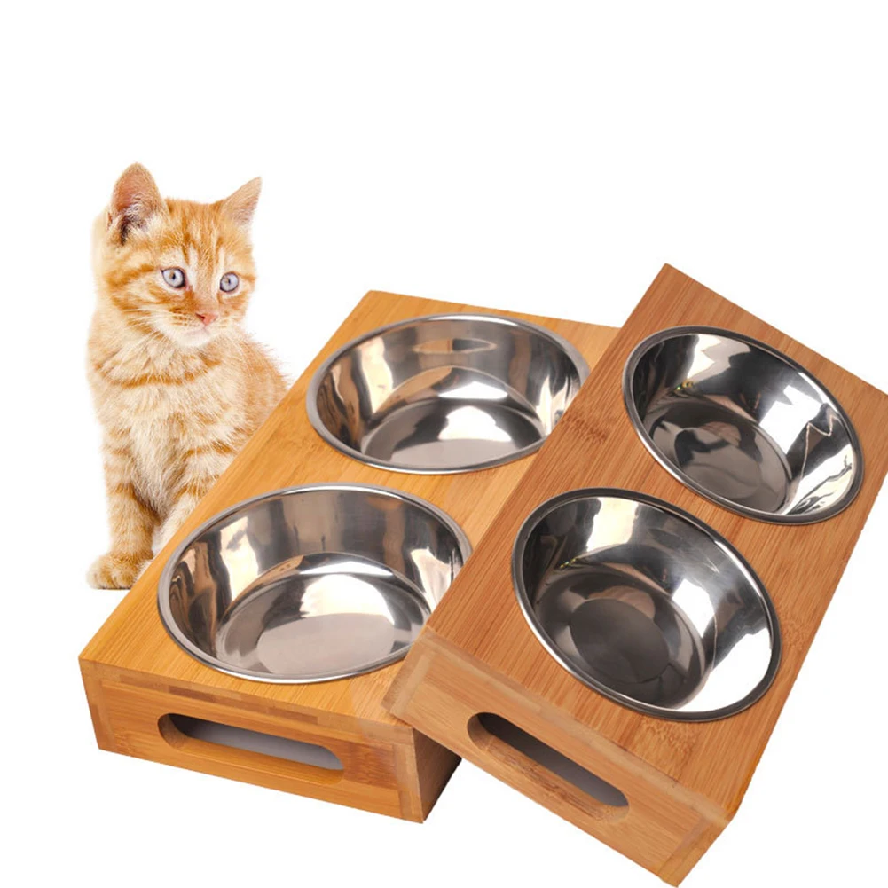 Миска для домашних животных из цельного дерева, подставка для посуды для кошек и собак, миска для еды, Бамбуковая посуда, миски для собак и кошек, деревянная Двойная миска из нержавеющей стали