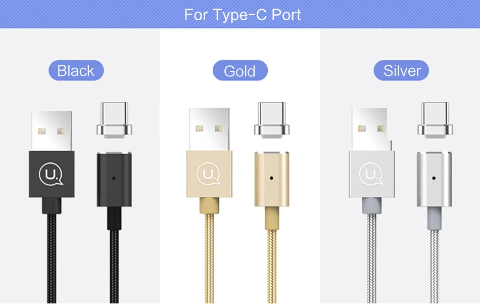 Магнитный кабель USAMS для usb-кабеля type-c золотого цвета, 1,2 м, 2 а/5 В, нейлоновый зарядный кабель, Магнитный зарядный кабель для мобильного телефона