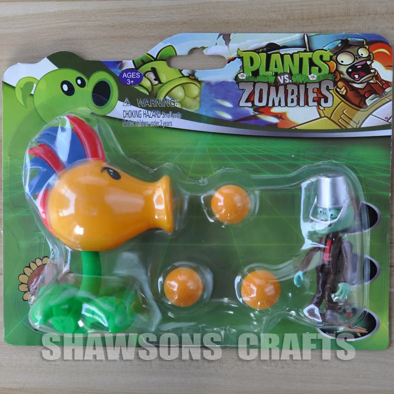 PLANTS VS ZOMBIES TOYS PVC FIRE PEASHOOTER WITH BUCKETHEAD ZOMBIE