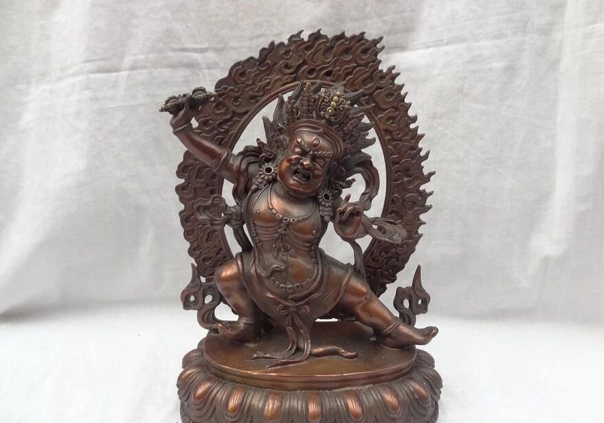 

Collectible bronze S1307 11" Chinese Pure Bronze Vajrapani Joss Set Tibet Protect Mahakala Buddha Statue