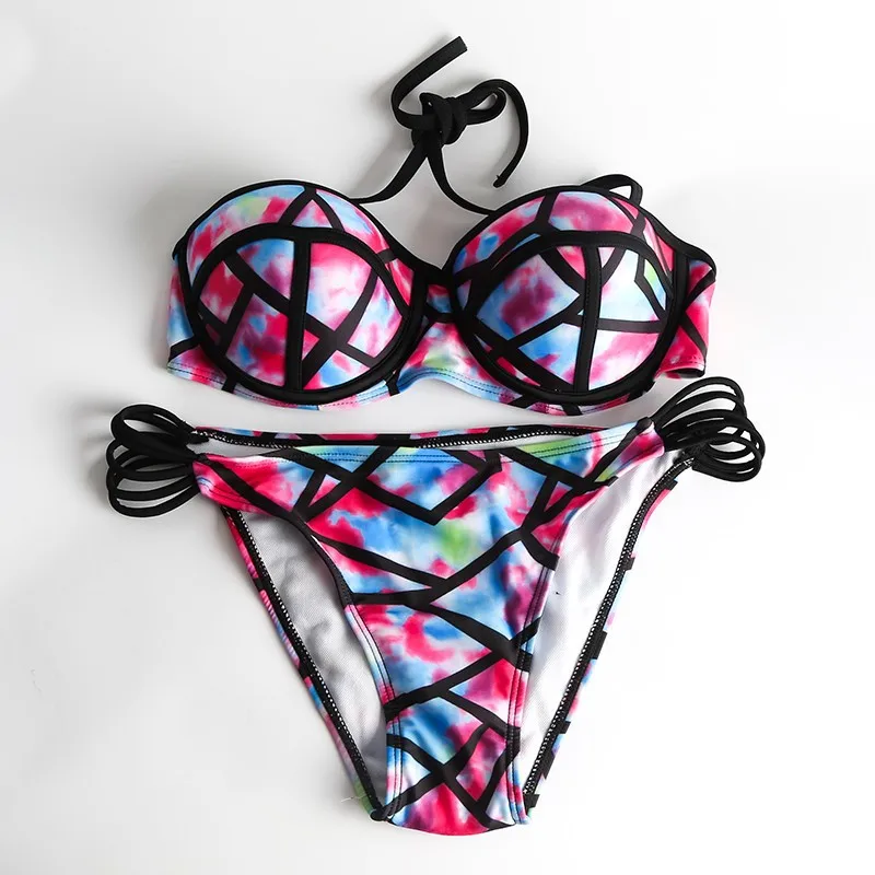 Sexy bandeau bikini set print push up bikini women's swimwear underwire strapless bikini 2017 push up swimsuit maillot de bain01