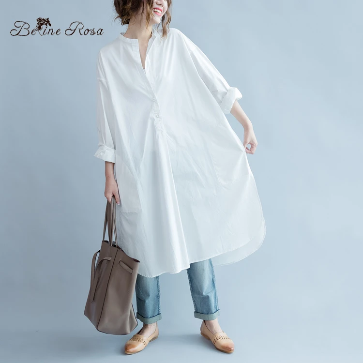 

BelineRosa 2019 Spring Plus Size Women Clothing Simple Style Pure White Cotton Loose Long Casual Blouses for Women HS000402