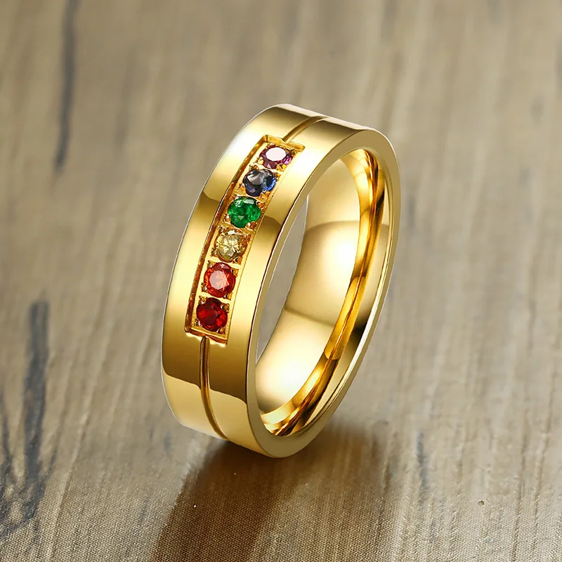 

Ranibow Crystal Stone Lesbian Women's Ring Gold Color Stainless Steel Homosexual Jewelry