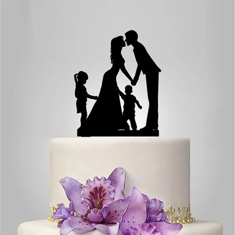 Acrylic Bride And Groom With Boy and Dog Family Silhouette Wedding Cake Topper 