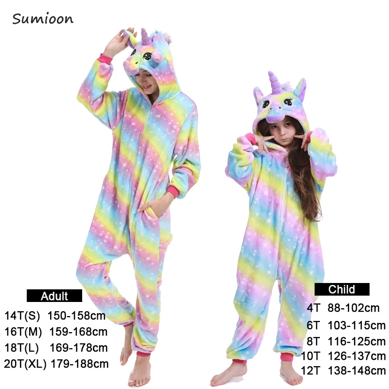 Кигуруми для мальчиков и девочек; пижамные комплекты; пижамы с единорогом для женщин; детские пижамы; Onesie Panda; одежда для сна с животными; зимние пижамы для детей - Цвет: Rainbow Unicorn