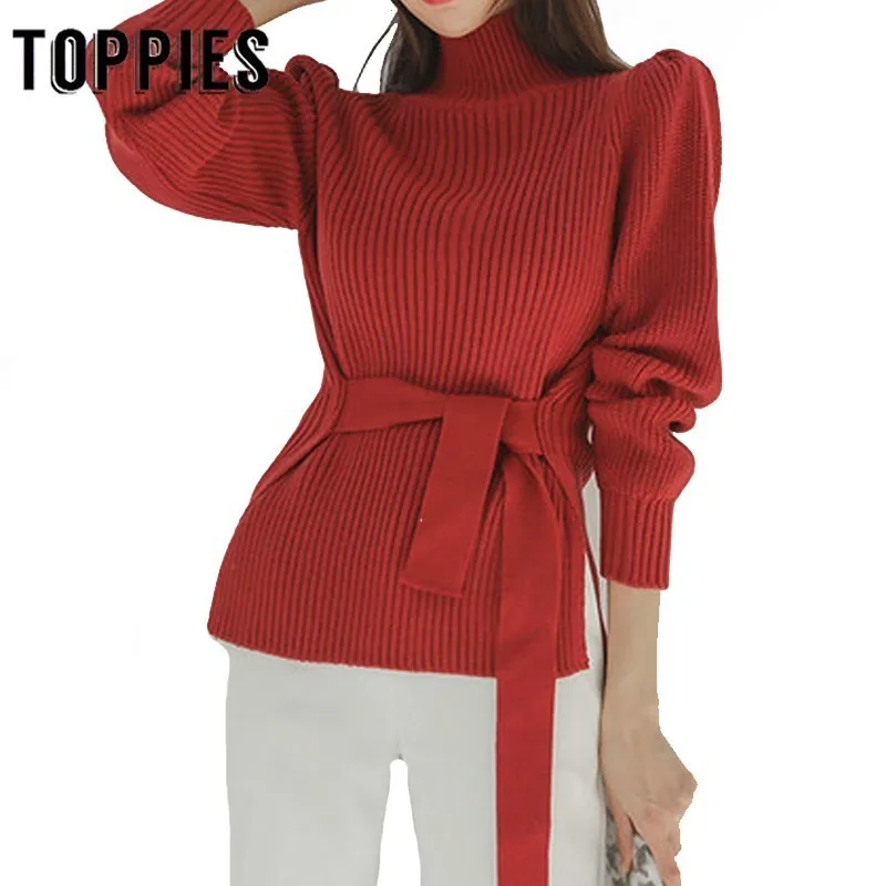 

Pink Sweater Lace Up Waist Puff Sleeve Knitted Tops Lady Elegatn Pullover Turtleneck Sweater Autumn Winter Women 2019
