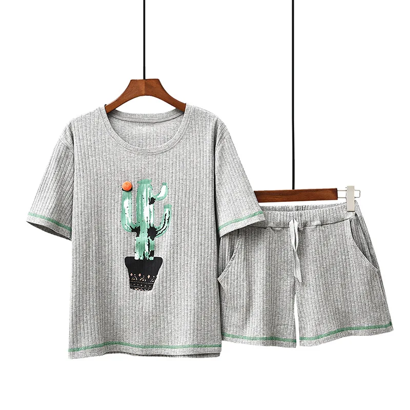 Летняя хлопковая удобная женская пижама, комплект с принтом кактуса, с короткими рукавами, с круглым вырезом, шорты со шнуровкой, домашняя пижама для женщин