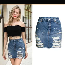Aphrodite домашняя Повседневная рваные жемчужные джинсовые юбки женские узкие мини-юбки со стразами на пуговицах уличная Корейская Летняя джинсовая юбка