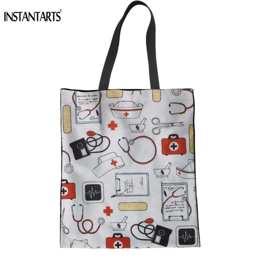 

INSTANTARTS Crossbody Bags For Women Cartoon Nurse Printed Ladies Bolsas Feminina Reusable Linen Fashion Tote Bags Shoulder Bags