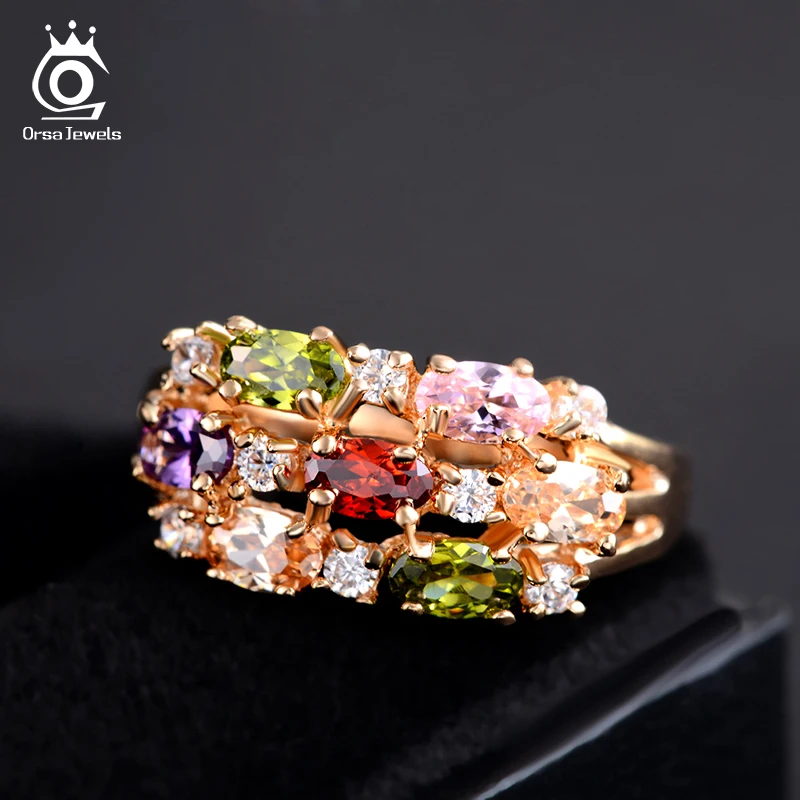 ORSA JEWELS Luxury Rose Gold Color Zircon Rings Paved Colorful AAA Austrian CZ Wedding Engagement Rings Jewelry for Women OMR01