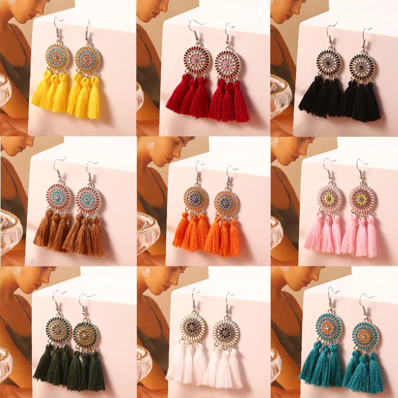 

HOCOLE Bohemian Tassel Earring Statement Ethnic Geometric Silk Fringed Long Drop Dangle Earrings For Women 2019 Fashion Jewelry